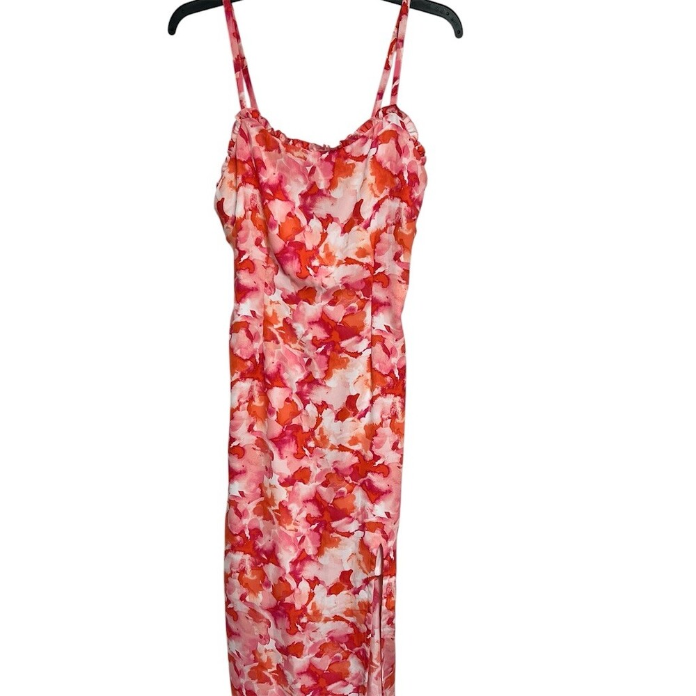 Maison Jules Dress Womens L Floral Watercolor Midi Slip Side Slit Pink